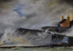 Ron Moore (20th Century, British), pastel, 'Raging Storm', a lively coastal landscape, signed to the