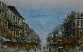 20th Century, oil on canvas, A semi-abstract Continental street scene, in the style of Caroline