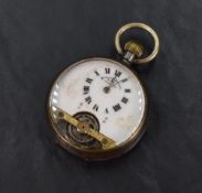 A white metal open face pocket watch, the white dial with Roman numerals and visible movement,
