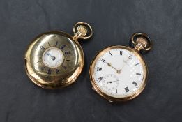Two yellow metal Waltham pocket watches, one open face having a white dial and Roman numerals with