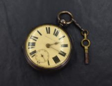 A silver open faced key wound pocket watch, the white dial having thick Roman numerals and