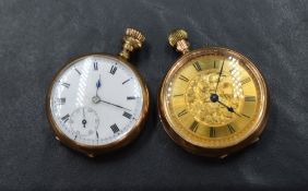 A small yellow metal open face pocket watch, the gold dial with floral engraving and Roman