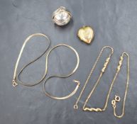A 9ct gold box chain having three additional spiral links and a 9ct gold snake chain, sold along