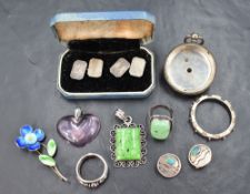 A small selection of silver and white metal jewellery including cufflinks, watch case, enamelled
