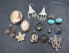 A small selection of HM silver and white metal jewellery, most stamped 925/silver including cameo