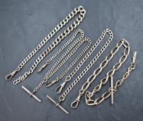 Four silver watch chains of various forms, one missing a clasp, approx 116g