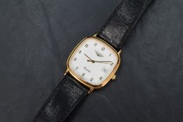 A gent's Longines wristwatch, the rounded square face having a white dial with central decoration