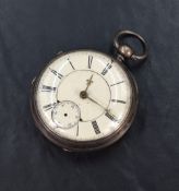 A large silver, open face pocket watch, the white dial with Roman numerals and subsidiary dial at 6,