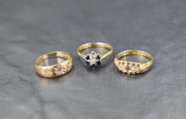Three damaged 18ct gold rings, including gypsy, Victorian and sapphire and diamond cluster, all