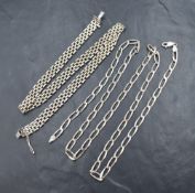 Two silver chains comprising a watch strap style link chain measuring approximately 43cm and a