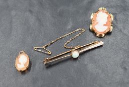 A cameo brooch depicting a lady in profile in a decorative 9ct gold lobed mount, sold along with a