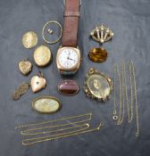 A small selection of rolled gold vintage jewellery including Waltham wrist watch, lockets,