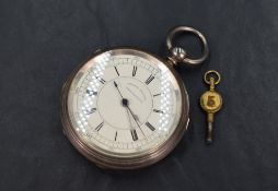 A Victorian silver key wound chronograph pocket watch having Roman numeral dial with further