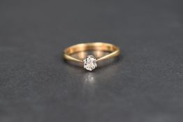 A diamond solitaire ring, the round cut diamond approximately 0.20ct on a 9ct gold shank, ring
