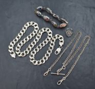 A small assortment of silver jewellery comprising a chunky curb link chain, a pocket watch chain