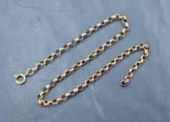 A yellow metal belcher link ankle chain, no marks but previously tested as 9ct rose gold, approx 10'