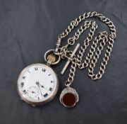 An early 20th century silver top wound pocket watch having Roman numeral dial with subsidiary