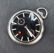 A 1930's Jaeger Le Coultre 8 day power reserve top wound black faced pocket watch, model no:2050,