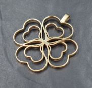 A large 9ct gold openwork floral motif pendant, 10.4g, 4.5cm W x 5.3cm L including loop