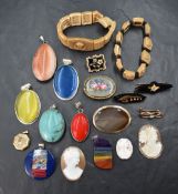 A selection of modern and vintage costume jewellery including cameo panels, mourning brooches, agate