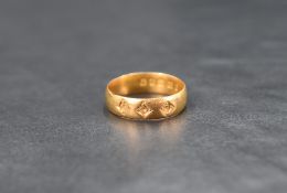 A 22ct gold gypsy style ring with three vacant gem settings, ring size K-L, 3.7g