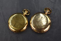 Two yellow metal Waltham full hunter pocket watches, both having white dials, Roman numerals and