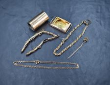 A small selection of 9ct gold including rope bracelet, chain, watch case and strap, and stick