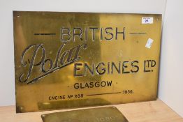 *Maritime interest - A 20th Century brass name plate for British Polar Engines Ltd. Of Glasgow,