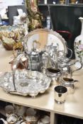 An assortment of flatware comprising of a bon-bon dish, a tray together with a small copper kettle.