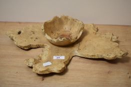 A vintage burr wood table centre of naturalistic form, measuring 45cm long
