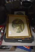 Four framed oval tinted etchings of Olde England and a selection of similar.