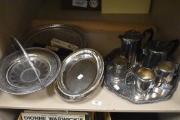 A selection of plated ware including a B.A Butterfield coffee set, serving trays and bon bon dish