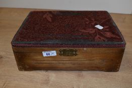A vintage wooden box with tapestry lid 29cm x 23cm.