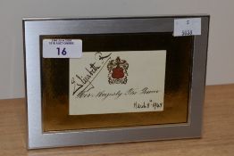 A framed and mounted autograph by the Queen Mother, dated March 8th 1945, measuring 13cm x 18cm