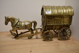 A 20th Century embossed brass and articulated horse and cart study, measuring 40cm long