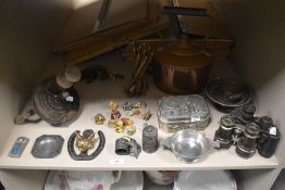 A varied assortment of vintage items including a copper kettle, marmalade cutter, a jewellery box