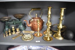 A set of mid-20th Century green enamelled scales, measuring 22cm high, a Victorian copper and