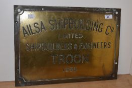 A mid-20th Century brass company sign for the Ailsa Shipbuilding Company, Troon, dated 1956, and