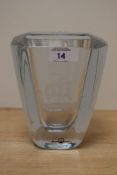 A 1970s Swedish glass vase by Strombergshyttan, of tapering form with etched Viking boat design,