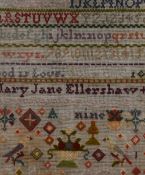 19th Century, a late Victorian needlework alphabet sampler, by Mary Jane Ellershaw aged 9, framed,