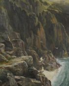 20th Century School, oil on board, A dramatic coastal landscape depicting seagulls on sea cliffs,