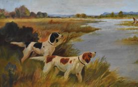 20th Century School, oil on board, 'Flushed' - a Country Sporting scene with gun dogs, initials