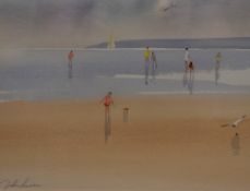 20th Century School, watercolour, A coastal landscape with figures paddling, signed to the lower