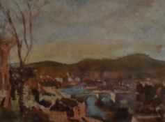 20th Century School, watercolour, A view of a town with arched bridge and river to the centre,