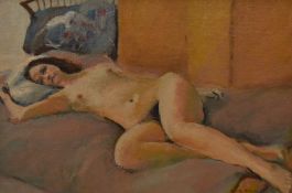 Barrie Briscoe (1936-2010, British), oil on board, A life study of a reclining female nude, signed