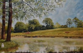 D.J. Sherburne (20th Century, British), oil on board, A river landscape with terrier dog in the