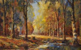 J.W Taylor (20th Century), oil on board, An attractive, autumnal woodland landscape of Impressionist