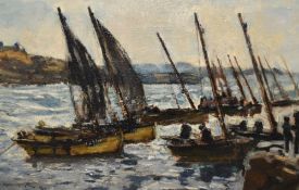Mason Hunter (1854-1921, British), oil on canvas, A fishing fleet, of maritime interest, signed