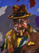 Contemporary School, oil on canvas, Winston Churchill - a semi abstract portrait, brightly