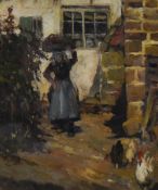 19th Century School, oil on canvas, A genre scene depicting lady and chickens, framed and under